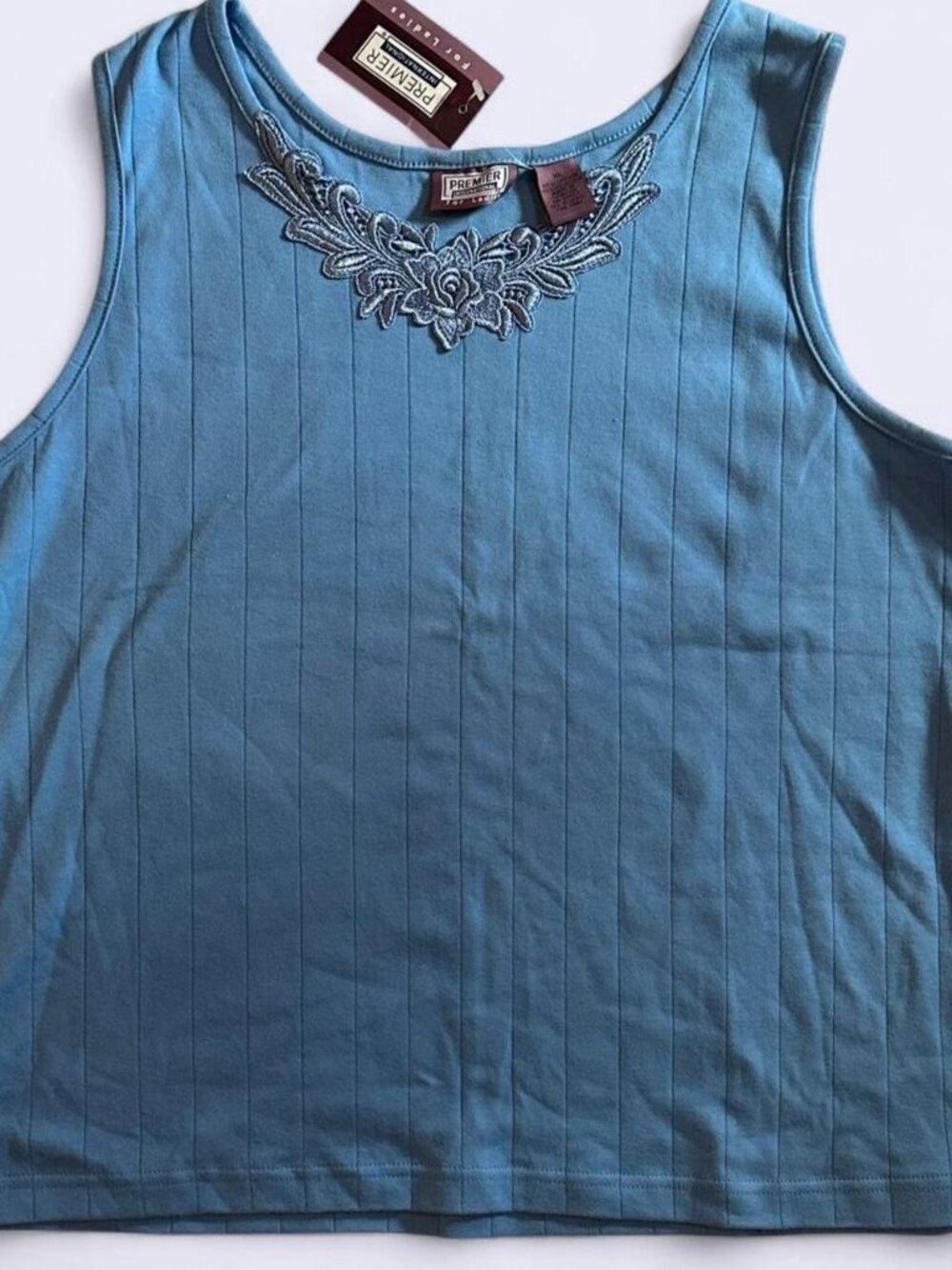 Vintage Premier International blue sleeveless top with floral embroidery Size XL